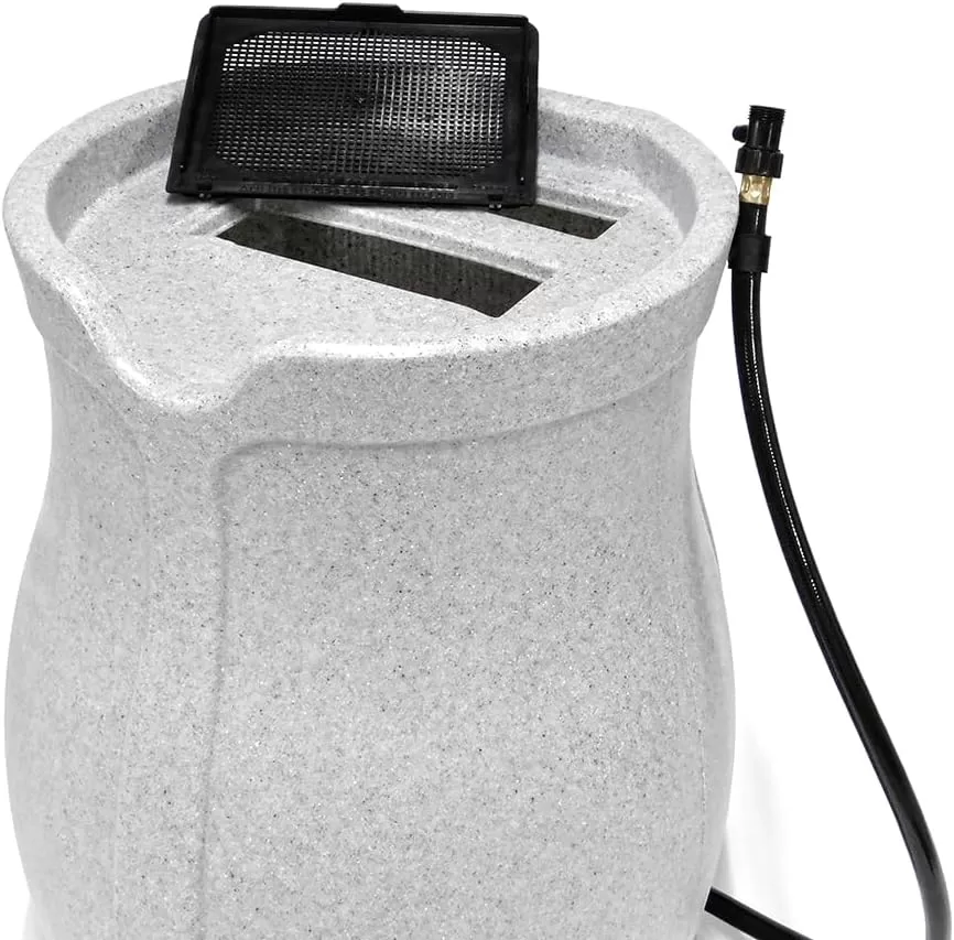 FCMP Outdoor Catalina 45-Gallon Rain Barrel - Water Rain Catcher Barrel with Flat Back for Watering Outdoor Plants, Gardens, and Landscapes, Light Granite FCMP Outdoor Catalina 45-Gallon Rain Barrel - Water Rain Catcher Barrel with Flat Back for Watering Outdoor Plants, Gardens, and Landscapes, Light Granite